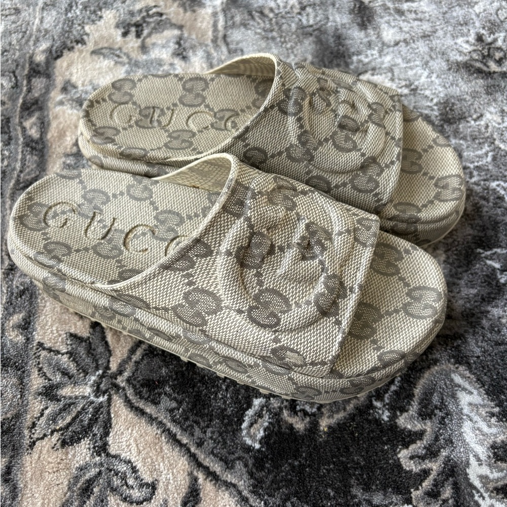 Gucci Tan Monogram Canvas Slide Sandals - Picture 2 of 6